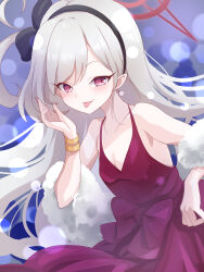 Rule 34 | 1girl, black hairband, blue archive, blush, closed mouth, dress, earrings, grey hair, hairband, halo, highres, jewelry, komena (shinyday312), long hair, looking at viewer, mutsuki (blue archive), mutsuki (dress) (blue archive), official alternate costume, pink eyes, pointy ears, red dress, red halo, sleeveless, sleeveless dress, smile, solo, tongue, tongue out, white fur