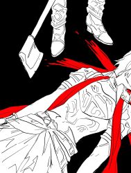 Rule 34 | 2boys, armor, axe, belial (granblue fantasy), black background, blood, boots, breastplate, commentary, cropped torso, death, elbow gloves, english commentary, flat color, gloves, granblue fantasy, head out of frame, high heel boots, high heels, highres, holding, holding axe, lucifer (shingeki no bahamut), lying, multiple boys, murder, on back, out of frame, red ribbon, ribbon, short sleeves, spoilers, spot color, wahoosandalphon, white hair