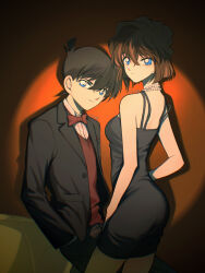 1boy 1girl alternate_costume ass bare_shoulders black_hair black_jacket black_pants blue_eyes bow bowtie brown_eyes closed_mouth commentary dress english_commentary formal hair_between_eyes hand_in_pocket highres jacket jewelry kudou_shin&#039;ichi long_sleeves looking_at_viewer meitantei_conan miyano_shiho necklace open_clothes open_jacket pants pearl_necklace pocket red_bow red_bowtie smile strapless strapless_dress suit usagi_ringo