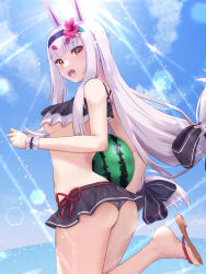 Rule 34 | 1girl, :d, animal ears, ass, azur lane, beach, bikini, bikini skirt, black bikini, black bow, black hairband, bow, breasts, day, flower, food, frilled bikini, frills, from behind, from below, from side, fruit, hair bow, hair flower, hair ornament, hairband, hakamaboooots, hand up, happy, highres, holding, holding food, holding fruit, leg up, long hair, looking at viewer, looking back, melon, midriff, ocean, open mouth, outdoors, rabbit ears, rabbit girl, rabbit hair ornament, sandals, shimakaze (azur lane), shimakaze (the island wind rests) (azur lane), small breasts, smile, solo, sunlight, swimsuit, teeth, underboob, upper teeth only, very long hair, white hair, yellow eyes