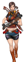 Rule 34 | 1girl, antique firearm, bike shorts, boots, breasts, brown eyes, brown hair, capcom, claire redfield, company connection, cowboy boots, denim, fingerless gloves, firearm, firelock, flintlock, floral print, fur trim, gloves, gun, highres, knife, large breasts, lips, long hair, midriff, navel, official art, onimusha soul, over shoulder, ponkichi (ponkichim), ponytail, popped collar, resident evil, resident evil 2, rifle, shorts, simple background, solo, vest, weapon, weapon over shoulder, white background