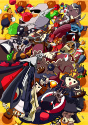 Rule 34 | 3girls, 5boys, absurdres, aircraft, airplane, american football, andy anvil, avery (skullgirls), ball, bird, black eyes, black hair, blush, bomb, boxing gloves, brass knuckles, breasts, cannon, car, chainsaw, chicken, cigar, cleavage, cup, double (skullgirls), dress, dynamite, elephant, explosive, filia (skullgirls), fish, food, frown, futakuchi-onna, george the bomb, gloves, gradius, grin, gun, hair over one eye, handgun, hat, highres, instrument, jojo no kimyou na bouken, knife, kuchibashi (9180), large breasts, lenny the bomb, long hair, md5 mismatch, mechanical arms, money, motor vehicle, ms. fortune (skullgirls), multiple boys, multiple girls, niconico, open clothes, open shirt, orange background, orange hair, parody, peacock (skullgirls), piano, pie, pink eyes, pistol, prehensile hair, red eyes, refrigerator, revolver, ribbon, samson (skullgirls), shirt, simple background, skullgirls, smile, smoke, spring (object), steamroller, sword, teacup, teeth, television, tetris, the ring, tommy ten-tons, top hat, vehicle, weapon