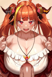 Rule 34 | 1girl, ahoge, bare shoulders, breasts, censored, cleavage, collarbone, dragon girl, dragon horns, highres, hololive, horns, huge ahoge, huge breasts, jewelry, kiryu coco, large penis, long hair, looking at viewer, necklace, nuezou, open mouth, orange hair, paizuri, penis, pointy ears, red eyes, strap pull, twintails, upper body, virtual youtuber