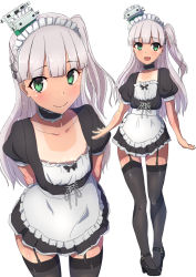 Rule 34 | 1girl, alternate costume, apron, black dress, black footwear, black headwear, blush, collarbone, comala (komma la), dress, enmaided, garter straps, green eyes, high heels, highres, kantai collection, long hair, maestrale (kancolle), maid, maid headdress, multiple views, one-piece tan, one side up, open mouth, short sleeves, silver hair, smile, tan, tanline, thighhighs, white apron