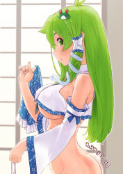 Rule 34 | 1girl, antenna hair, blue bow, blue skirt, blush, bottomless, bow, breasts, closed mouth, collared shirt, commentary request, covered erect nipples, cowboy shot, crop top, dated, detached sleeves, frilled skirt, frills, frog hair ornament, from side, green eyes, green hair, hair between eyes, hair ornament, holding, holding clothes, holding skirt, kei jiei, kochiya sanae, large breasts, long hair, looking at viewer, looking to the side, profile, shiny skin, shirt, shouji, sidelocks, single hair tube, skirt, sleeve bow, sleeveless, sleeveless shirt, sliding doors, smile, snake hair ornament, solo, touhou, underboob, white shirt, white sleeves
