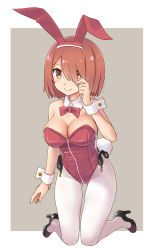 Rule 34 | 1girl, animal ears, bare shoulders, black footwear, blush, bob cut, bow, bowtie, breasts, brown eyes, brown hair, cleavage, commentary request, detached collar, fake animal ears, full body, gluteal fold, grey background, hair over one eye, high heels, hoshino miyako (wataten), katahira masashi, kneeling, large breasts, leotard, looking at viewer, pantyhose, playboy bunny, pumps, rabbit ears, rabbit tail, red bow, red bowtie, red leotard, short hair, side-tie leotard, simple background, smile, solo, strapless, strapless leotard, tail, two-tone background, watashi ni tenshi ga maiorita!, white background, white pantyhose, wrist cuffs