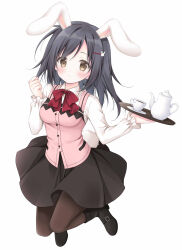 Rule 34 | 1girl, absurdres, animal ears, black footwear, black hair, black skirt, blush, boots, bow, breasts, brown eyes, brown pantyhose, closed mouth, collared shirt, commentary request, cosplay, cup, full body, gochuumon wa usagi desu ka?, hair ornament, hairclip, highres, holding, holding tray, hoto cocoa, hoto cocoa (cosplay), korie riko, long hair, long sleeves, looking at viewer, medium breasts, original, pantyhose, pink vest, pleated skirt, rabbit ears, rabbit hair ornament, rabbit house uniform, red bow, saucer, shirt, simple background, skirt, smile, solo, tray, uniform, vest, waitress, white background, white shirt