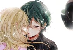 Rule 34 | 1boy, 1girl, akamatsu kaede, black hair, blonde hair, brown eyes, commentary request, danganronpa (series), danganronpa v3: killing harmony, floating hair, fortissimo, hair ornament, hat, hetero, jacket, long hair, looking at another, messy hair, musical note, musical note hair ornament, parted lips, saihara shuichi, simple background, striped clothes, striped jacket, tears, unworn hat, unworn headwear, white background, yuri (pooh020202)