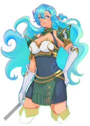 Rule 34 | 1girl, armor, black dress, blue hair, breastplate, chloe (fire emblem), closed mouth, commentary, detached collar, dress, earrings, elbow gloves, fire emblem, fire emblem engage, floating hair, gloves, green eyes, hair between eyes, hand on own hip, highres, holding, holding polearm, holding weapon, jewelry, lamb (contra entry), long hair, nintendo, pauldrons, polearm, shoulder armor, simple background, smile, solo, symbol-only commentary, twitter username, very long hair, weapon, white background, white gloves