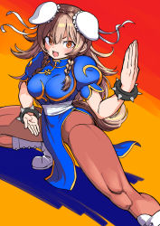 Rule 34 | 1girl, :3, :d, animal ears, blue dress, blush, boots, bracelet, breasts, brown eyes, brown hair, brown pantyhose, capcom, china dress, chinese clothes, chun-li, chun-li (cosplay), come hither, cosplay, dog ears, dog tail, dress, ear covers, fang, fighting stance, highres, hololive, inugami korone, jewelry, large breasts, long hair, looking at viewer, open mouth, orange background, pantyhose, pelvic curtain, puffy short sleeves, puffy sleeves, sabaku chitai, short sleeves, smile, solo, spiked bracelet, spikes, squatting, street fighter, tail, virtual youtuber, white boors