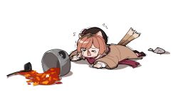 Rule 34 | 1girl, absurdres, animal ears, arknights, brown coat, cat ears, cat tail, closed eyes, coat, commentary request, cooking pot, crying, fallen down, food, hat, highres, ingsae, ladle, long sleeves, motion lines, mousse (arknights), mousse (campfire cooking smoke) (arknights), multicolored hair, official alternate costume, open mouth, red scarf, red socks, rock, scarf, shadow, short hair, simple background, socks, soup, tail, two-tone hair, white background