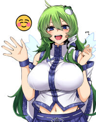 Rule 34 | 1girl, bare shoulders, blue eyes, blue skirt, blush, breasts, commentary request, detached sleeves, emoticon, frog hair ornament, green hair, hair ornament, hair tubes, highres, japanese clothes, kochiya sanae, large breasts, long hair, navel, nontraditional miko, open mouth, rihito (usazukin), simple background, skirt, smile, snake hair ornament, solo, touhou, white background, white sleeves, wide sleeves