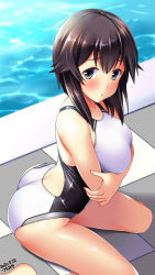Rule 34 | 1girl, :t, ass, bare legs, bare shoulders, black hair, blush, breast hold, breasts, commentary request, competition swimsuit, crossed arms, dated, day, from above, grey eyes, hayasui (kancolle), highleg, highleg swimsuit, highres, kantai collection, large breasts, looking at viewer, one-piece swimsuit, pool, poolside, short hair, solo, swimsuit, tile floor, tiles, tsuchimiya, water, white one-piece swimsuit
