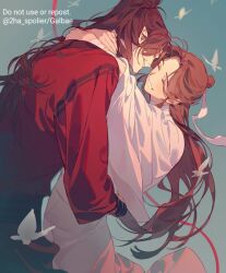 Rule 34 | 2boys, bandaged arm, bandaged neck, bandages, black hair, blue background, blush, brown hair, bug, butterfly, chinese clothes, closed eyes, galbae, hair bun, hanfu, high ponytail, hua cheng, hug, insect, long hair, male focus, multiple boys, ponytail, red hanfu, red robe, robe, simple background, smile, string, string of fate, tianguan cifu, white butterfly, white hanfu, white robe, wide sleeves, xie lian, yaoi