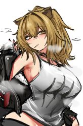 Rule 34 | 1girl, absurdres, animal ears, arknights, armpits, black jacket, breasts, brown hair, commentary request, food in mouth, fur-trimmed jacket, fur trim, hair between eyes, heavy breathing, highres, jacket, large breasts, lion ears, lion girl, long hair, looking at viewer, mitarashi renge, ponytail, print shirt, shirt, siege (arknights), simple background, sketch, sleeveless, sleeveless shirt, slit pupils, solo, upper body, white background, white shirt, yellow eyes