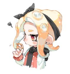 Rule 34 | 1girl, adjusting hair, black bow, black hairband, blonde hair, bow, commentary request, ear piercing, hairband, jacket, letterman jacket, medium hair, myon rio, nintendo, octoling, octoling girl, octoling player character, piercing, pointy ears, pout, red eyes, simple background, solo, splatoon (series), squiggle, tentacle hair, upper body, white background