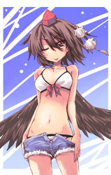 Rule 34 | 1girl, ;p, alternate costume, bare shoulders, bikini, black wings, blush, breasts, brown hair, casual, clothes pull, contemporary, cutoffs, denim, denim shorts, female focus, hat, highres, hikawa shou, looking at viewer, navel, one eye closed, open fly, pulled by self, red eyes, shameimaru aya, short hair, short shorts, shorts, shorts pull, simple background, small breasts, smile, solo, swimsuit, tokin hat, tongue, tongue out, touhou, unzipped, wings, wink