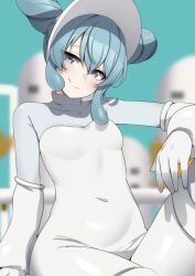 Rule 34 | 1girl, absurdres, blue eyes, blurry, blurry background, bodysuit, breasts, cone hair bun, covered navel, double bun, gloves, hair between eyes, hair bun, hat, highres, hololive, hoshimachi suisei, looking at viewer, midnight grand orchestra, shadow, small breasts, smile, solo, star (symbol), star in eye, symbol in eye, tentacle hair, valefal coneri, virtual youtuber, visor cap, white bodysuit, white gloves, white hat, yoru wo matsu yo (midnight grand orchestra)
