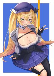 Rule 34 | 1girl, absurdres, arm support, black gloves, blonde hair, blue hat, blush, bow, breasts, cabbie hat, chest strap, choker, cleavage, club hair ornament, collarbone, cropped jacket, dokibird (vtuber), dress, fingerless gloves, framed breasts, from above, gloves, green eyes, grey jacket, grin, hair between eyes, hair bow, hat, hat ornament, heart, heart hat ornament, highres, holster, indie virtual youtuber, invisible chair, jacket, large breasts, layered dress, long hair, long sleeves, looking at viewer, low neckline, mr2d, pleated dress, ribbon choker, short dress, simple background, single leg pantyhose, single thighhigh, sitting, smile, solo, star (symbol), star choker, thigh holster, thighhighs, twintails, underbust, v, virtual youtuber
