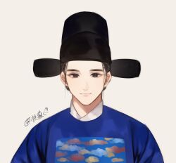 Rule 34 | 1boy, black eyes, black hair, blue shirt, chinese clothes, chinese text, closed mouth, futou, hanfu, hat, looking at viewer, male focus, original, seth naitangdidi, shirt, simple background, solo, twitter username, upper body, white background, yuanlingshan