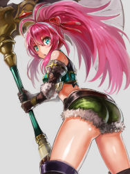 Rule 34 | 1girl, :o, armor, axe, bare shoulders, blue eyes, blush, breastplate, brown gloves, character request, edobox, fur-trimmed gloves, fur-trimmed shorts, fur trim, gloves, green shorts, grey background, hair between eyes, hair ornament, hair ribbon, heart, heart hair ornament, high ponytail, holding, holding axe, huge weapon, long hair, looking at viewer, looking back, megido72, parted lips, pink hair, ponytail, red ribbon, ribbon, short shorts, shorts, sidelocks, simple background, solo, standing, very long hair, weapon