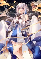Rule 34 | 1girl, absurdres, abyss of alyss, bare legs, bare shoulders, blue eyes, chinese clothes, commentary, cowboy shot, detached sleeves, dress, genshin impact, grey hair, guizhong (genshin impact), hair ornament, highres, looking at viewer, open mouth, short hair, short hair with long locks, sleeves past wrists, smile, solo, white dress, wide sleeves