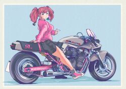 Rule 34 | 1girl, alternate costume, anchor hair ornament, atlanta (kancolle), black shorts, blue background, brown hair, character name, commentary request, finger gun, full body, grey eyes, hair ornament, highres, jacket, kantai collection, long hair, motor vehicle, motorcycle, on motorcycle, pink footwear, pink jacket, riding, shoes, shorts, sneakers, solo, suzuki (company), suzuki katana, thrux, two side up