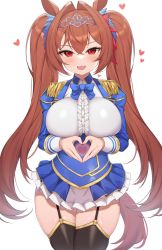 Rule 34 | 1girl, absurdres, animal ears, black thighhighs, blush, breasts, brown hair, commentary, daiwa scarlet (umamusume), epaulettes, fang, frilled shirt, frills, garter straps, heart, heart hands, highres, horse ears, horse girl, horse tail, large breasts, long hair, long sleeves, looking at viewer, open mouth, red eyes, shirt, simple background, skin fang, skindentation, solo, symbol-only commentary, tail, thighhighs, tiara, topu, twintails, umamusume, very long hair, white background