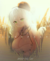 Rule 34 | 1girl, aquila (azur lane), aquila (green garden elegant sadia) (azur lane), artist name, azur lane, black headwear, breasts, cleavage, cocktail dress, dated, day, dress, evening gown, hair between eyes, highres, large breasts, long hair, looking at viewer, official alternate costume, outdoors, sleeveless, sleeveless dress, solo, tilted headwear, upper body, white dress, white hair, yu skl