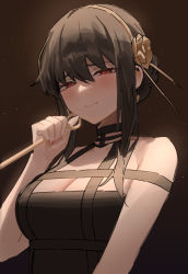 Rule 34 | banned artist, bare shoulders, black dress, black hair, breasts, cleavage, dagger, dark background, dress, gold hairband, hairband, half-closed eyes, hinaki (hinaki 0102), holding, holding dagger, holding knife, holding weapon, knife, large breasts, long hair, looking at viewer, red eyes, sleeveless, sleeveless dress, spy x family, upper body, weapon, yor briar