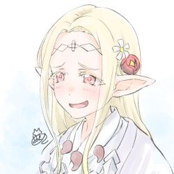 Rule 34 | 1girl, blonde hair, blush, brown eyes, edomae elf, eldali ilma fanomenel, elf, flower, hair flower, hair ornament, japanese clothes, jewelry, kimono, long hair, looking ahead, magatama, magatama necklace, necklace, nervous smile, open mouth, parted hair, pointy ears, portrait, sidelocks, signature, simple background, smile, solo, tareme, tokio saotome, white background, white kimono