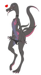 Rule 34 | 1girl, black panties, black skin, blush, choker, claws, colored skin, creatures (company), digitigrade, female focus, full body, furry, furry female, game freak, gen 7 pokemon, heart, highres, looking at viewer, multicolored skin, nintendo, panties, panty pull, pokemon, pokemon (creature), pulling own clothes, purple eyes, salazzle, sideways glance, simple background, slit pupils, solo, tail, tongue, tongue out, underwear, wagadraws, white background