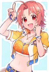 Rule 34 | 1girl, ahoge, belt, blue background, blue belt, bracelet, breasts, brown hair, cleavage, collarbone, cropped jacket, cropped shirt, hair ornament, hairclip, idolmaster, idolmaster cinderella girls, idolmaster cinderella girls starlight stage, index finger raised, jacket, jewelry, large breasts, midriff, nanonin, navel, necklace, open clothes, open jacket, open mouth, red eyes, saito yoko, shirt, short hair, short sleeves, smile, solo, star (symbol), star necklace, striped, striped background, thumbs up, yellow jacket, yellow shirt, zipper