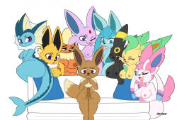 Rule 34 | 1boy, black skin, blue eyes, blue skin, breasts, brown skinned male, closed eyes, colored skin, couch, creatures (company), curvy, eevee, espeon, flareon, game freak, gen 1 pokemon, gen 2 pokemon, gen 4 pokemon, gen 6 pokemon, glaceon, humanization, i am kat95, jolteon, leafeon, looking at another, looking at viewer, multiple girls, nervous, nintendo, one eye closed, orange skin, penis, pink skin, pokemon, purple eyes, purple skin, red eyes, seductive smile, smile, sylveon, tail, umbreon, vaporeon, white background, yellow skin