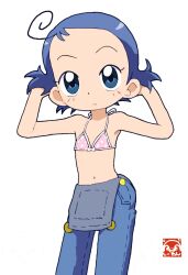 1girl ahoge bikini blue_eyes blue_hair blue_overalls c1_(70904919) flat_chest forehead highres navel ojamajo_doremi overalls polka_dot polka_dot_bikini senoo_aiko short_hair simple_background swimsuit white_background