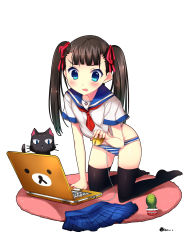 Rule 34 | 1girl, :&lt;, bad id, bad pixiv id, black cat, black hair, black thighhighs, blue eyes, cable, cactus, cat, character request, computer, duji amo, hair ribbon, highres, holding, laptop, long hair, mat, mouse (computer), open mouth, panties, plant, potted plant, ribbon, school uniform, serafuku, simple background, skirt, solo, striped clothes, striped panties, thighhighs, twintails, underwear, unworn skirt, usagihime, white background