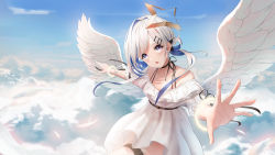 Rule 34 | 1girl, absurdres, alternate costume, alternate hairstyle, amane kanata, angel, angel wings, belt, belt buckle, black belt, black ribbon, blue hair, blue sky, buckle, cloud, cloudy sky, commentary request, day, dress, feathered wings, feathers, flying, hair ornament, hair rings, hairclip, halo, highres, hololive, long hair, looking at viewer, multicolored hair, neck ribbon, open hand, open mouth, outstretched hand, purple eyes, revision, ribbon, short dress, sky, solo, spaghetti strap, star (symbol), star hair ornament, streaked hair, thigh strap, two-tone hair, virtual youtuber, wanne, white dress, white hair, wings
