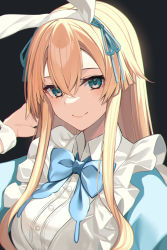 Rule 34 | 1girl, animal ears, black background, blonde hair, blue dress, blue eyes, bow, bowtie, closed mouth, collared dress, dress, fake animal ears, frilled dress, frills, hair between eyes, hairband, hand up, highres, long hair, looking at viewer, original, rabbit ears, simple background, smile, solo, takehana note, upper body, wrist cuffs