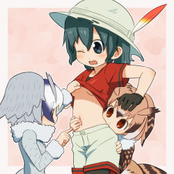 Rule 34 | 10s, 3girls, black gloves, black hair, blush, brown eyes, brown hair, bucket hat, clothes lift, coat, eurasian eagle owl (kemono friends), fur collar, gloves, hair between eyes, hat, hat feather, head wings, highres, kaban (kemono friends), kemono friends, long sleeves, multicolored hair, multiple girls, navel, northern white-faced owl (kemono friends), open mouth, pantyhose, pantyhose under shorts, poking belly, red shirt, sat-c, shirt, shirt lift, short hair, shorts, wavy hair, white hair, wings, yuri