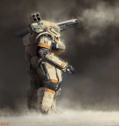 Rule 34 | armor, commentary, deviantartmohzart, dust, firing, highres, mecha, missile pod, original, power armor, realistic, robot, science fiction, shoulder cannon, smoke