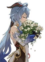 Rule 34 | 1girl, absurdres, ahoge, black gloves, blue hair, bodystocking, bodysuit, bouquet, detached sleeves, closed eyes, flower, ganyu (genshin impact), genshin impact, gloves, highres, holding, holding bouquet, horns, kurattes, long hair, profile, simple background, smelling, solo, white background