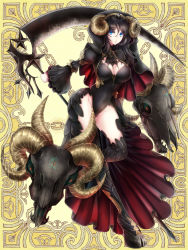 Rule 34 | black hair, black skirt, black thighhighs, blue eyes, breasts, cleavage, covered navel, groin, hairband, holding, holding scythe, hood, hooves, horns, kerberos blade, large breasts, leotard, long sleeves, looking at viewer, official art, ram skull, red eyes, scythe, sheep horns, skirt, skull, solo, standing, standing on one leg, thighhighs, yellow background, yinji