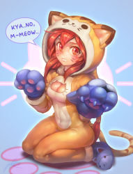 Rule 34 | 1girl, alternate costume, animal ears, animal hands, blush, breasts, cat ears, cat lingerie, cleavage, cleavage cutout, clothing cutout, facial mark, full body, gloves, highres, league of legends, maokai, meme attire, paw gloves, phantom ix row, red eyes, red hair, shiny skin, shyvana, sitting, skin tight, solo, tail, whisker markings