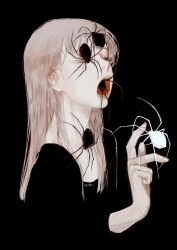 Rule 34 | 1girl, artist name, black background, blending, brown eyes, bug, commentary, grey hair, half-closed eyes, highres, horror (theme), long hair, open mouth, original, pale skin, simple background, solo, spider, syalgu, symbol-only commentary, teeth, tongue