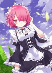 Rule 34 | 1girl, apron, black bow, black dress, black sleeves, blue sky, blush, bow, breasts, cloud, cloudy sky, commentary request, day, detached sleeves, dress, dutch angle, falling leaves, fingernails, frilled sleeves, frills, hair over one eye, hand up, house, juliet sleeves, kuhotaka, leaf, long sleeves, outdoors, pantyhose, parted lips, pink hair, puffy sleeves, ram (re:zero), re:zero kara hajimeru isekai seikatsu, red eyes, sky, sleeves past wrists, small breasts, solo, tree, waist apron, white apron, white bow, white pantyhose, wide sleeves