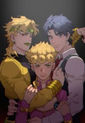 Rule 34 | 3boys, absurdres, black nails, blonde hair, blue eyes, blue hair, blue vest, bug, closed mouth, commentary, cropped jacket, dio brando, earrings, english commentary, father and son, giorno giovanna, green lips, hand on another&#039;s waist, headband, heart, highres, honlo, hug, insect, jacket, jewelry, jojo no kimyou na bouken, jonathan joestar, ladybug, leotard, long hair, long sleeves, looking at viewer, male focus, multiple boys, mutual hug, nail polish, necktie, pants, pectorals, phantom blood, pink jacket, red eyes, red necktie, shirt, short hair, smile, stardust crusaders, vento aureo, vest, white shirt, yellow jacket, yellow pants