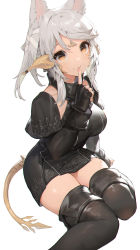 Rule 34 | 1girl, akizone, animal ears, au ra, warrior of light (ff14), black gloves, black thighhighs, breasts, brown eyes, cheeze (akizone), final fantasy, final fantasy xiv, finger to mouth, fingerless gloves, fingernails, gloves, highres, index finger raised, large breasts, looking at viewer, short hair, shushing, sidelocks, simple background, solo, tail, thighhighs, thighs, white background, white hair