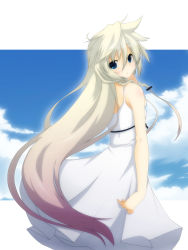 Rule 34 | 1girl, bare shoulders, blue eyes, braid, dress, gradient hair, highres, ia (vocaloid), long hair, looking at viewer, looking back, multicolored hair, pink hair, sleeveless, sleeveless dress, solo, twin braids, very long hair, vocaloid, white dress, yuzuki kei
