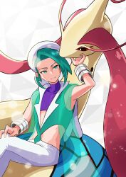 Rule 34 | 1boy, absurdres, arutarika (ri kaoekaki), bangle, bracelet, capelet, closed mouth, commentary request, covered collarbone, creatures (company), cropped shirt, game freak, gen 3 pokemon, green eyes, green hair, green vest, hand up, hat, highres, jewelry, looking to the side, male focus, milotic, nintendo, pants, pokemon, pokemon (creature), pokemon oras, purple shirt, shirt, sitting, skin tight, sleeveless, sleeveless shirt, smile, vest, wallace (pokemon), white capelet, white headwear, white pants