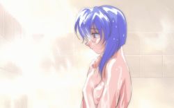 Rule 34 | animated, animated gif, blue eyes, blue hair, blush, lilia milcrabe, nude, short hair, shower, viper, viper f40, wet